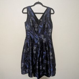 H By Halston Metalic Floral Jaquard Sleeveless A-Line Dress Navy Blue Gray
